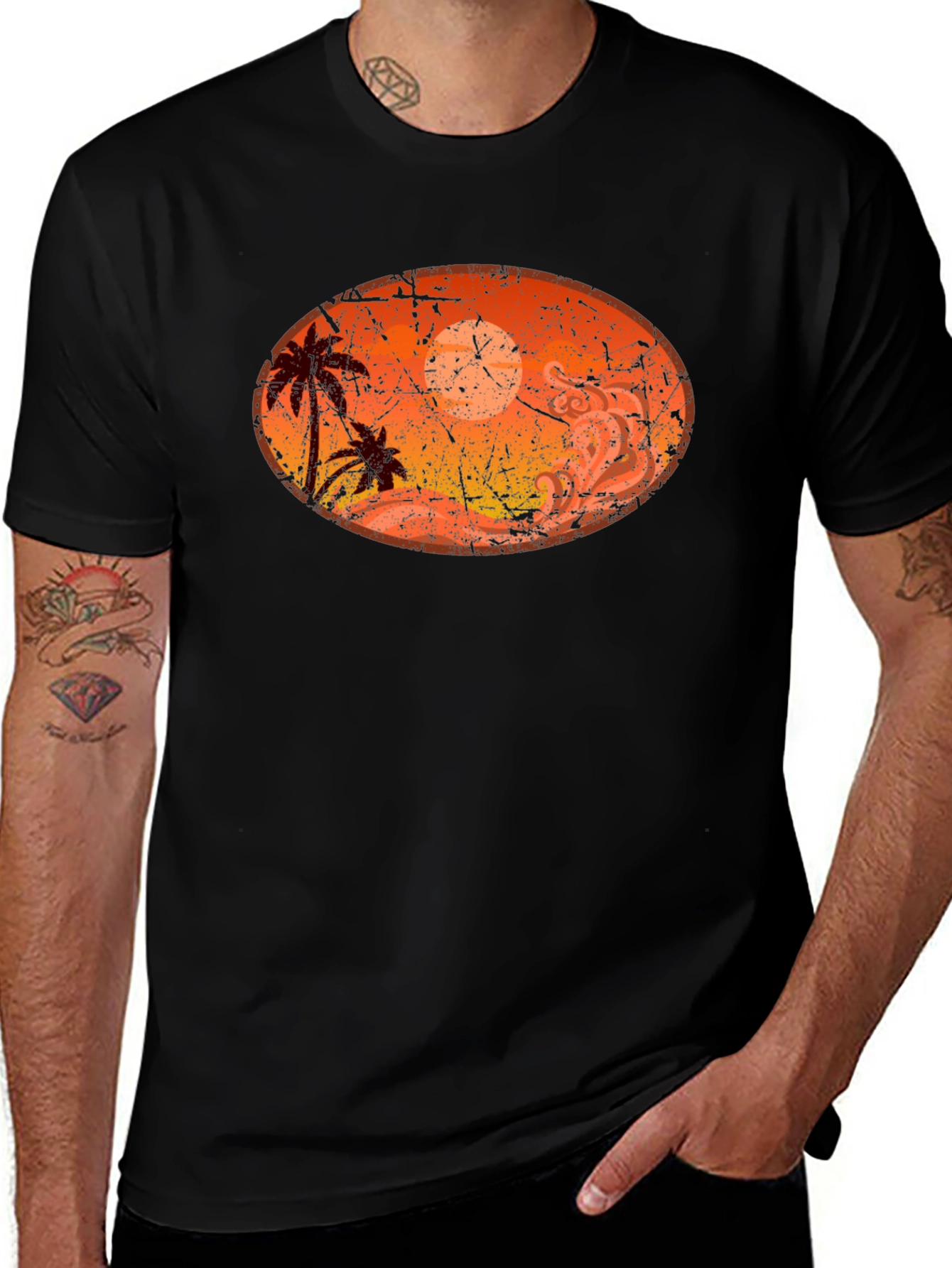Sunset Palm Tree Graphic Black T-Shirt