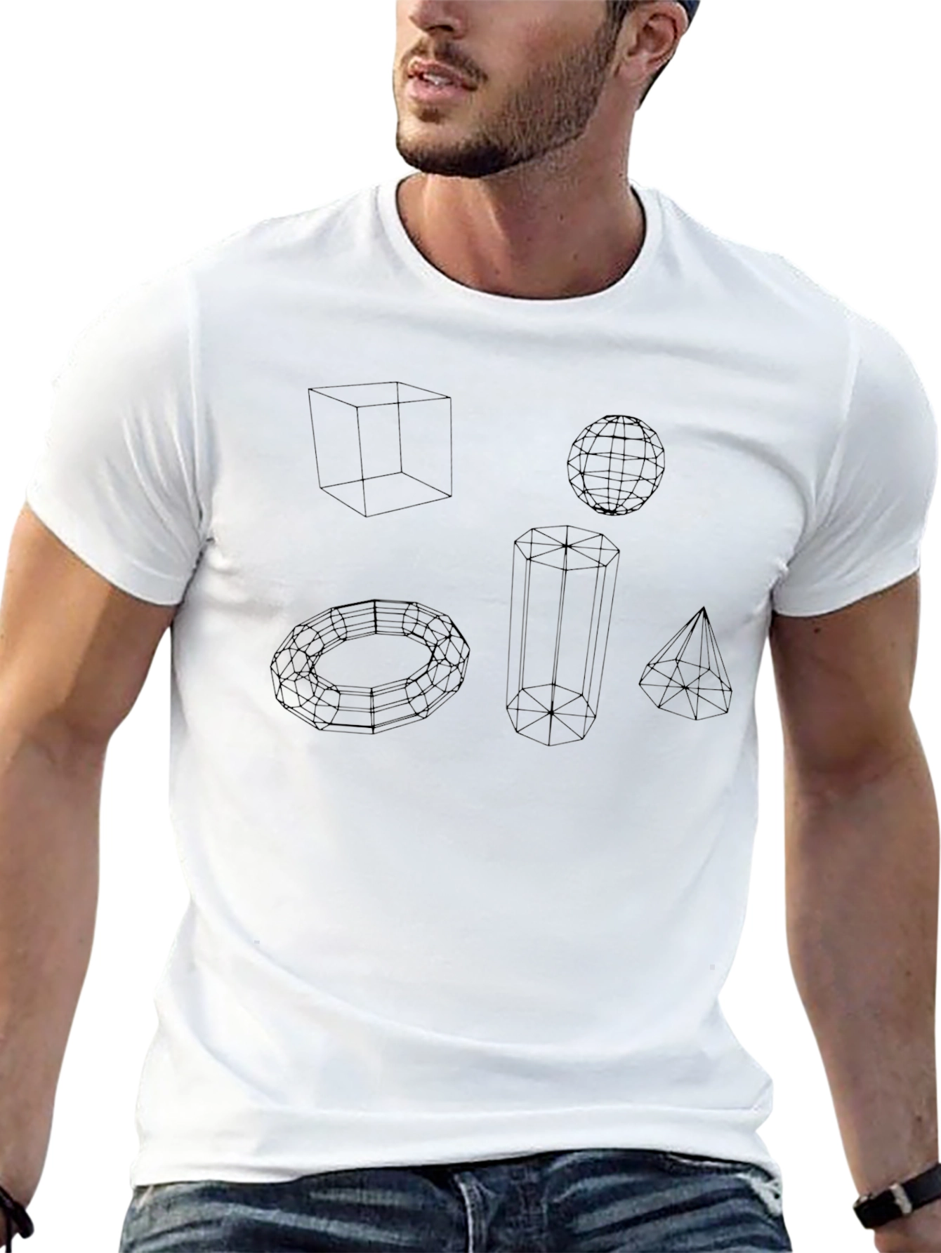Geometric Wireframe Shapes Black T-Shirt