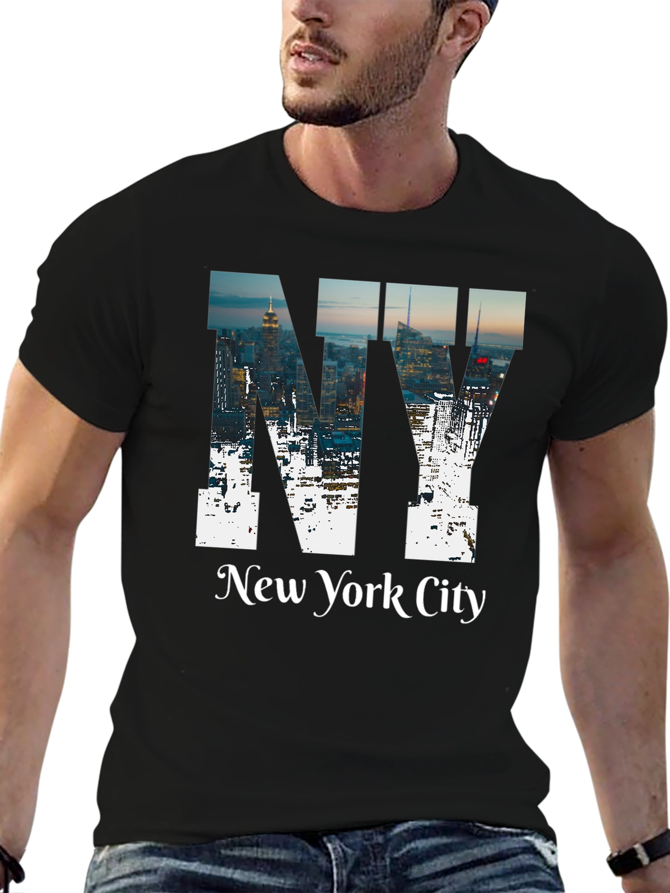 NY Cityscape Graphic Tee - Black Cotton T-Shirt