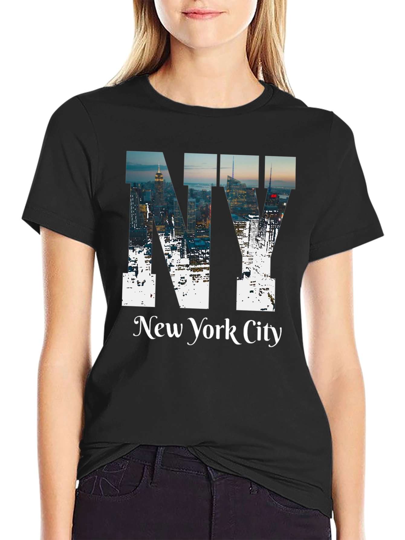 NY Cityscape Graphic Tee - Black Cotton T-Shirt