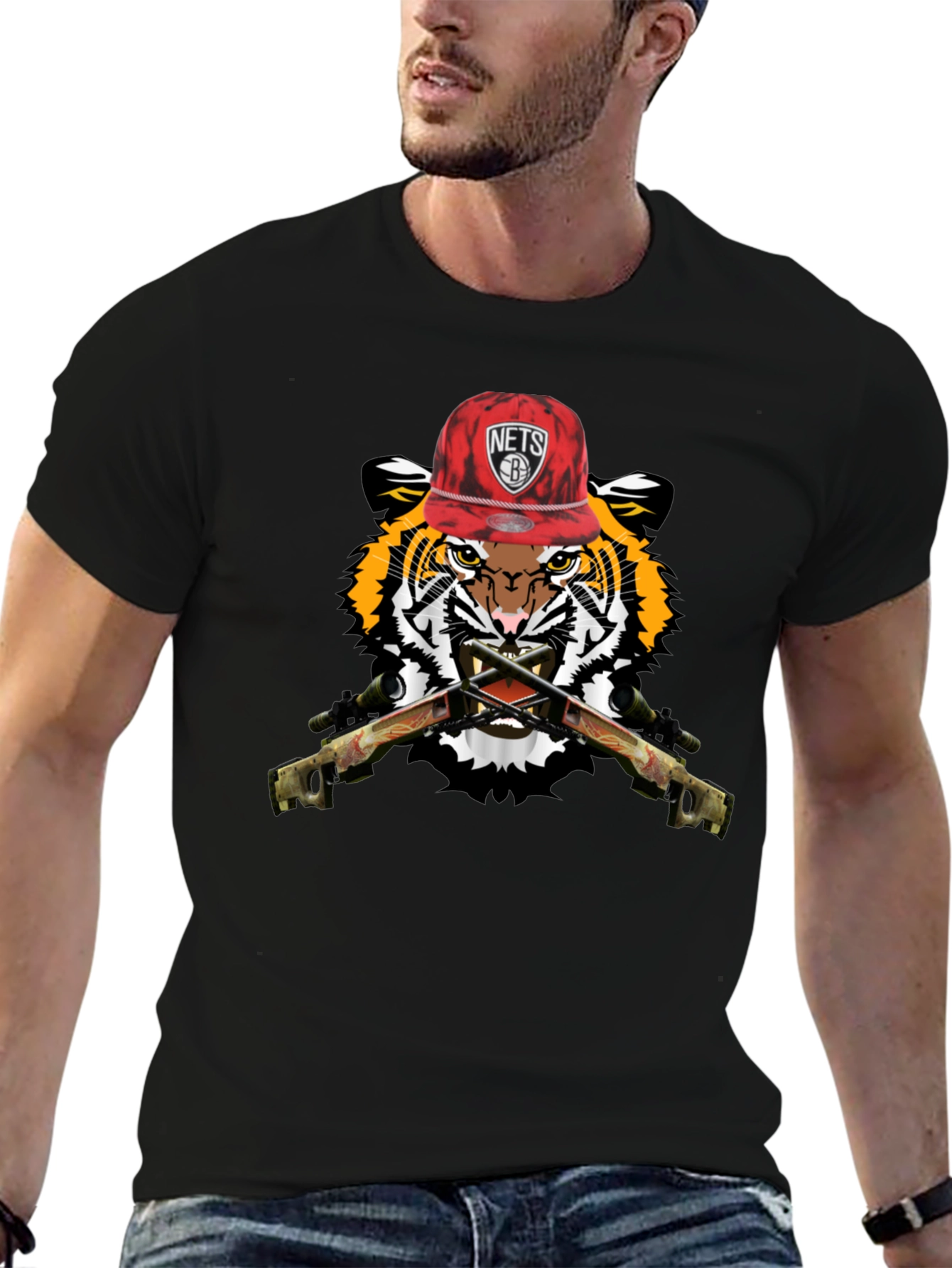 Tiger with Nets Hat Graphic Print T-Shirt