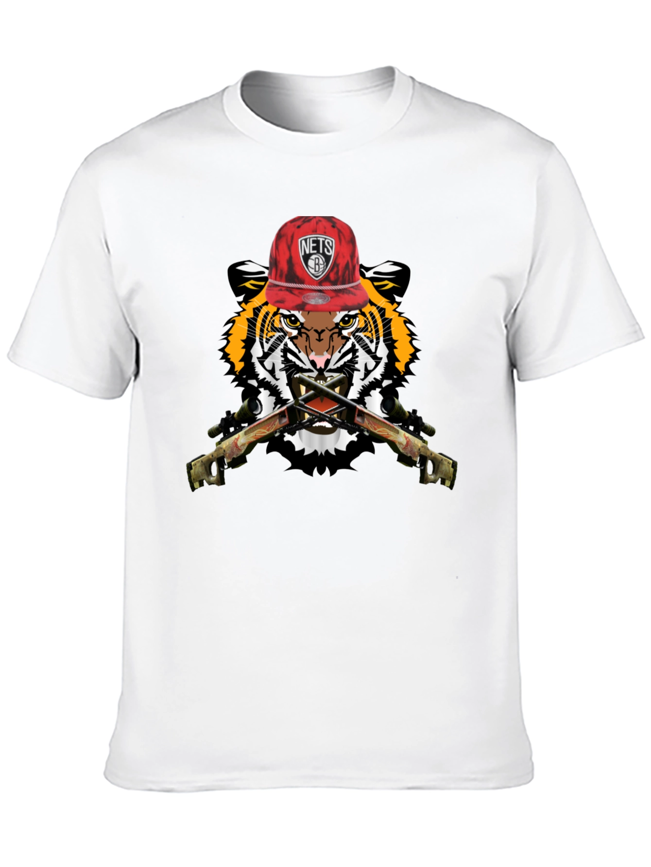 Tiger with Nets Hat Graphic Print T-Shirt