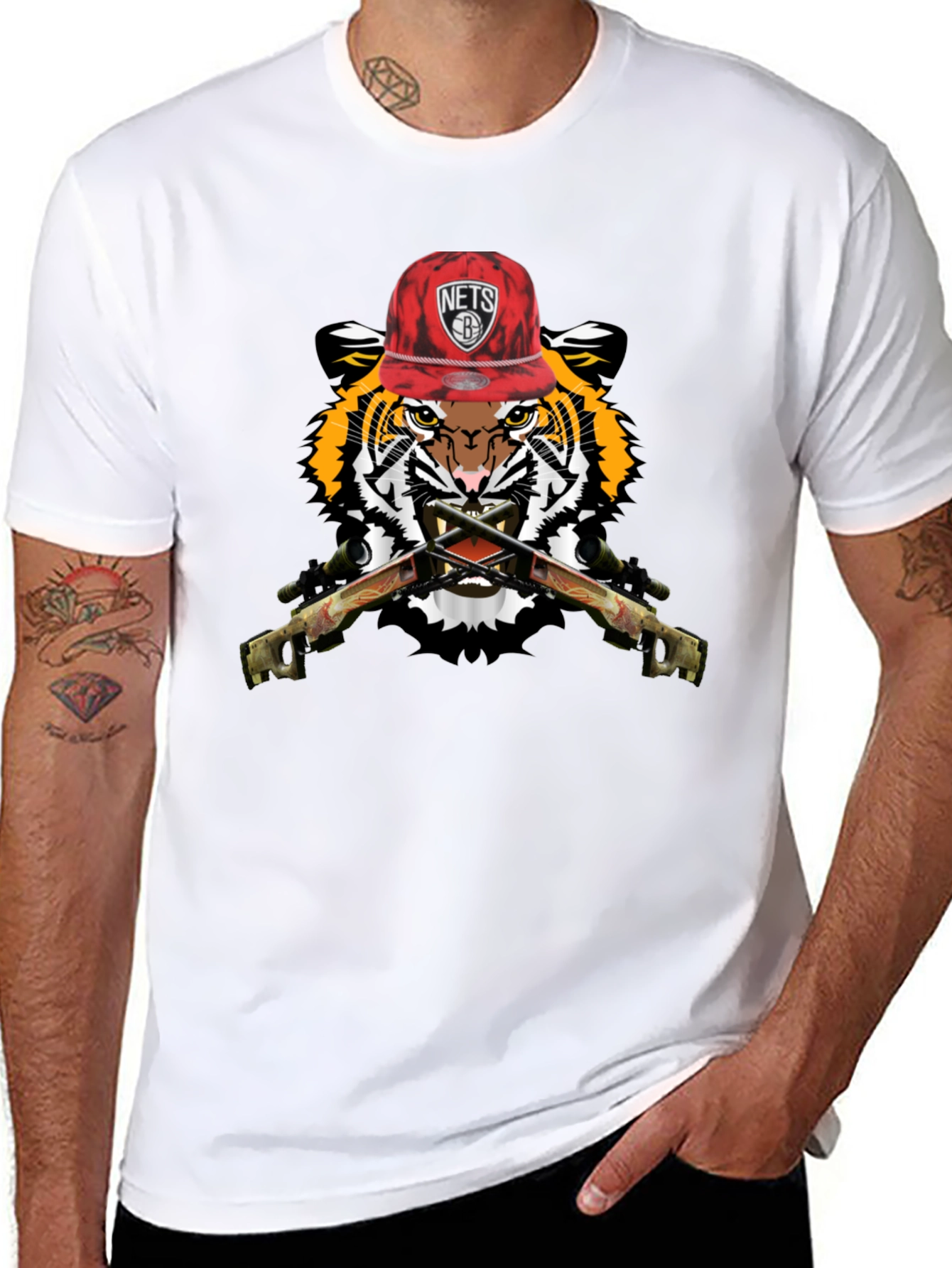 Tiger with Nets Hat Graphic Print T-Shirt