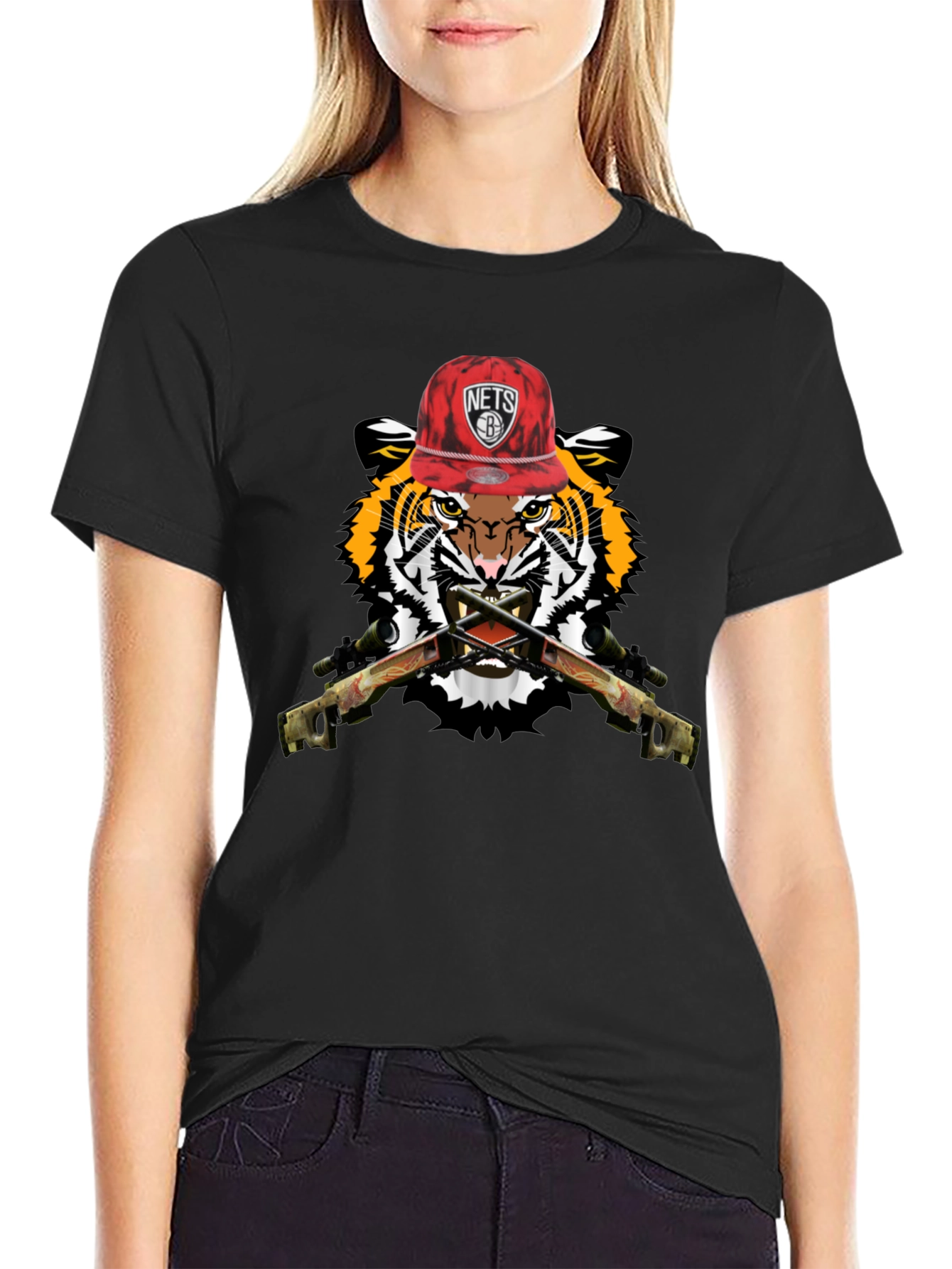 Tiger with Nets Hat Graphic Print T-Shirt