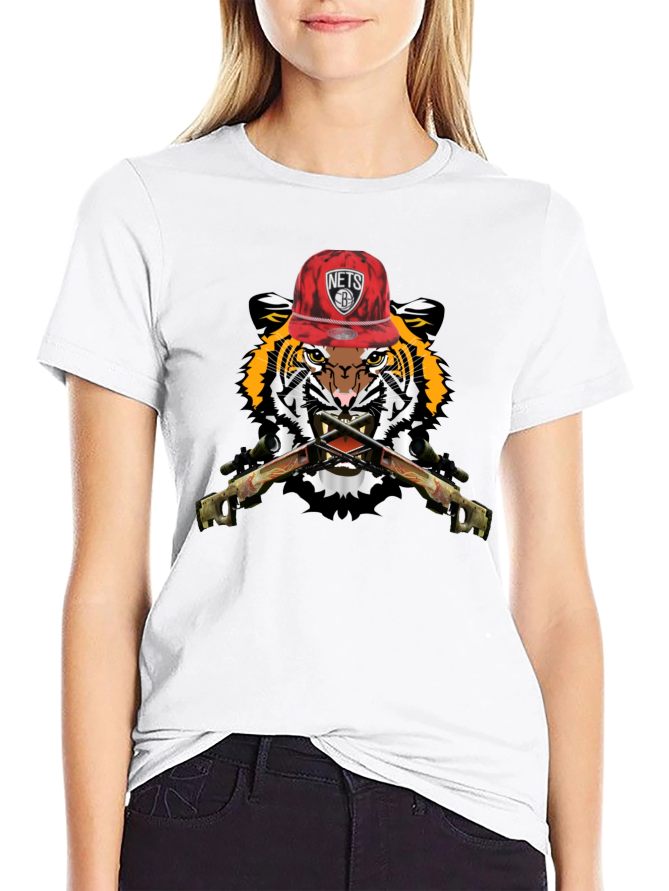 Tiger with Nets Hat Graphic Print T-Shirt