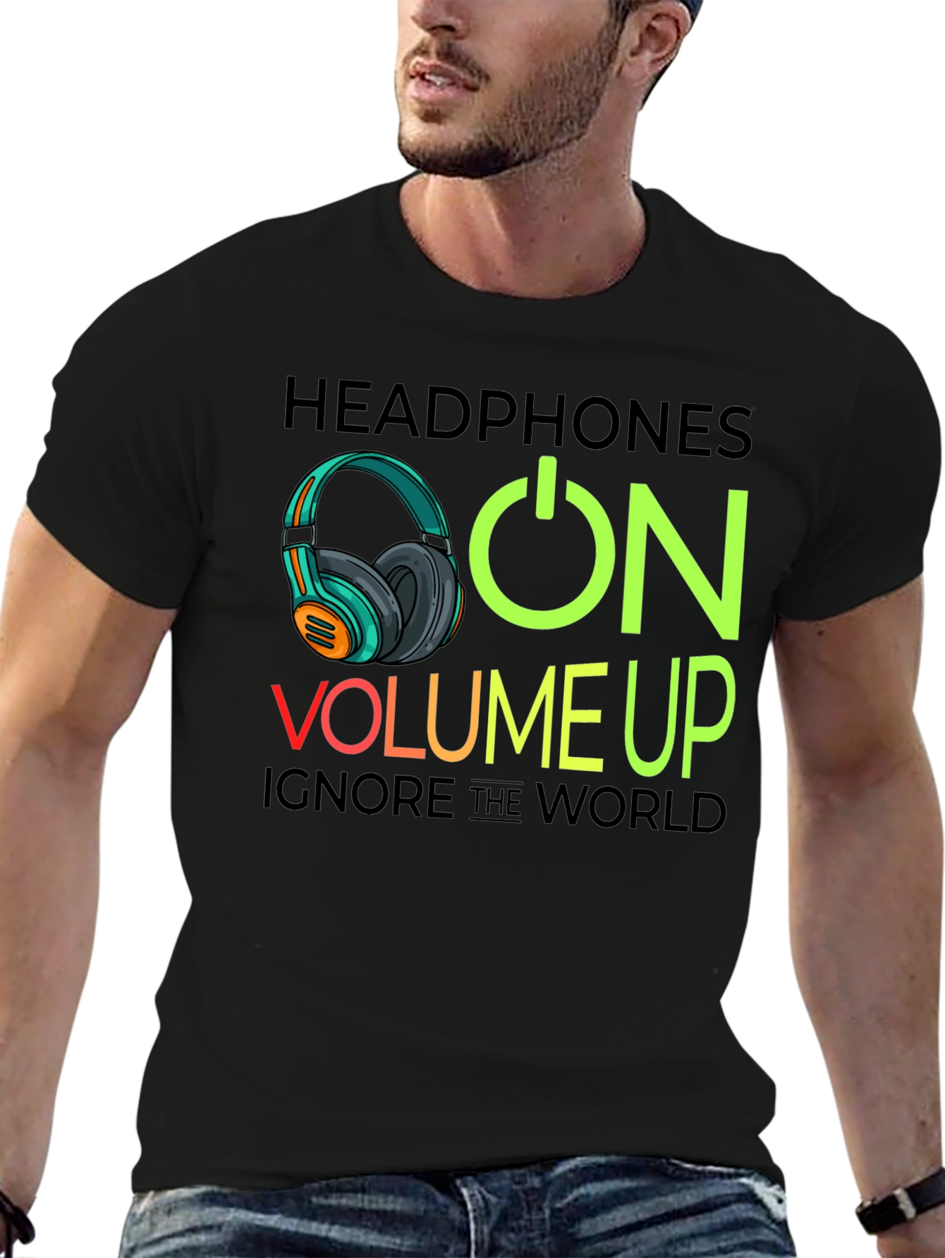 Headphones On Volume Up Black T-Shirt