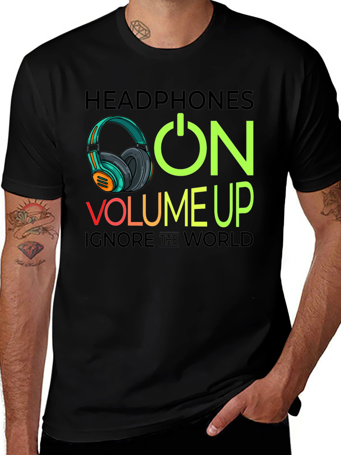 Headphones On Volume Up Black T-Shirt