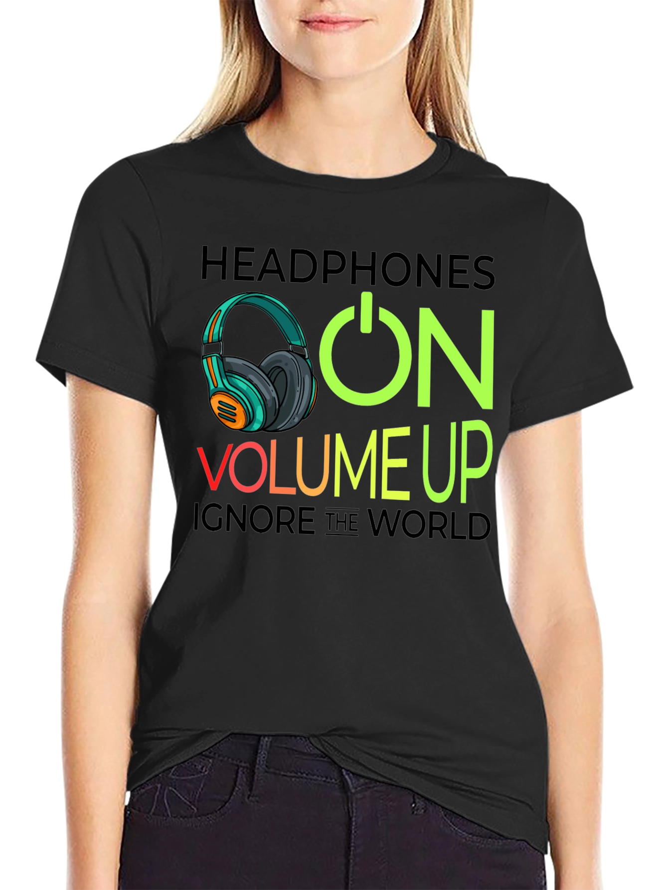 Headphones On Volume Up Black T-Shirt