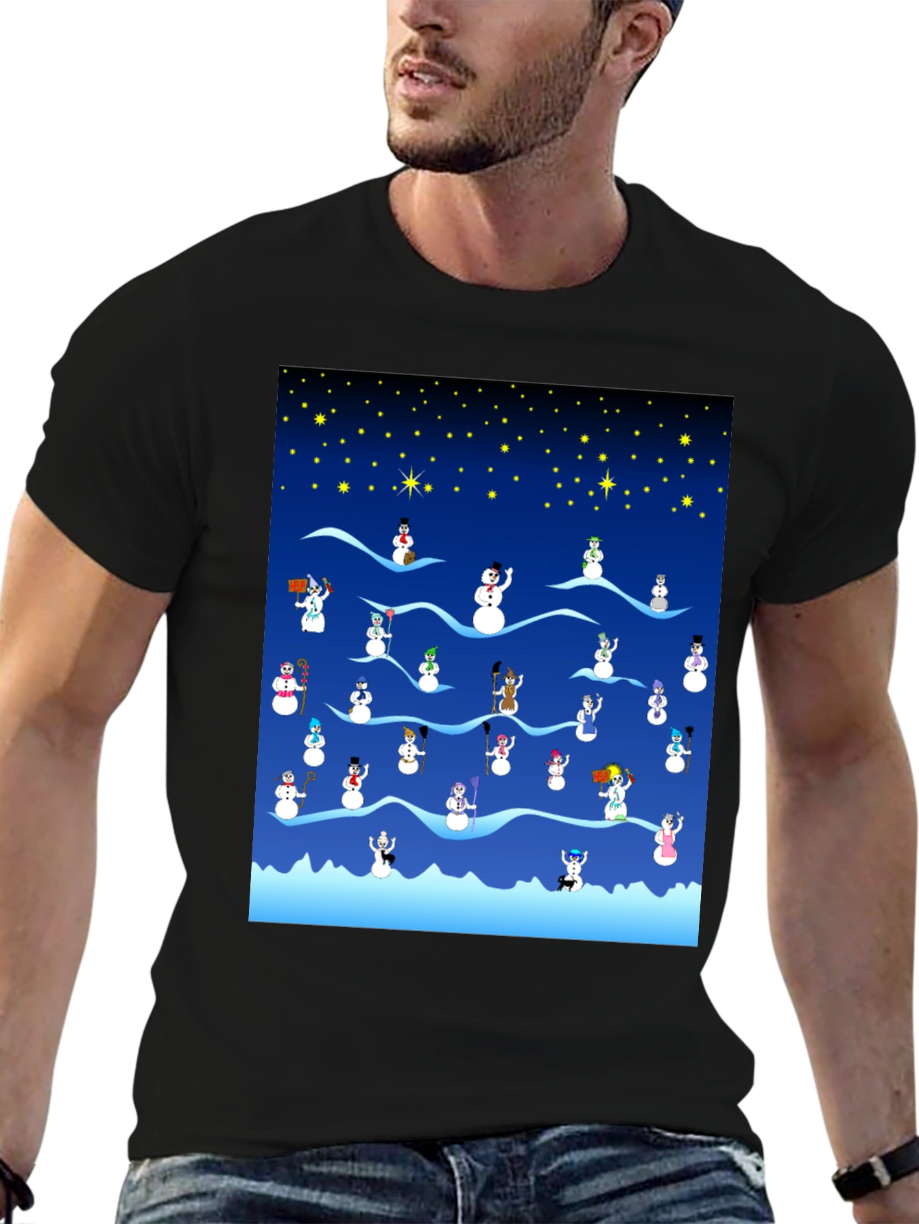 Snowman Scene Black T-Shirt