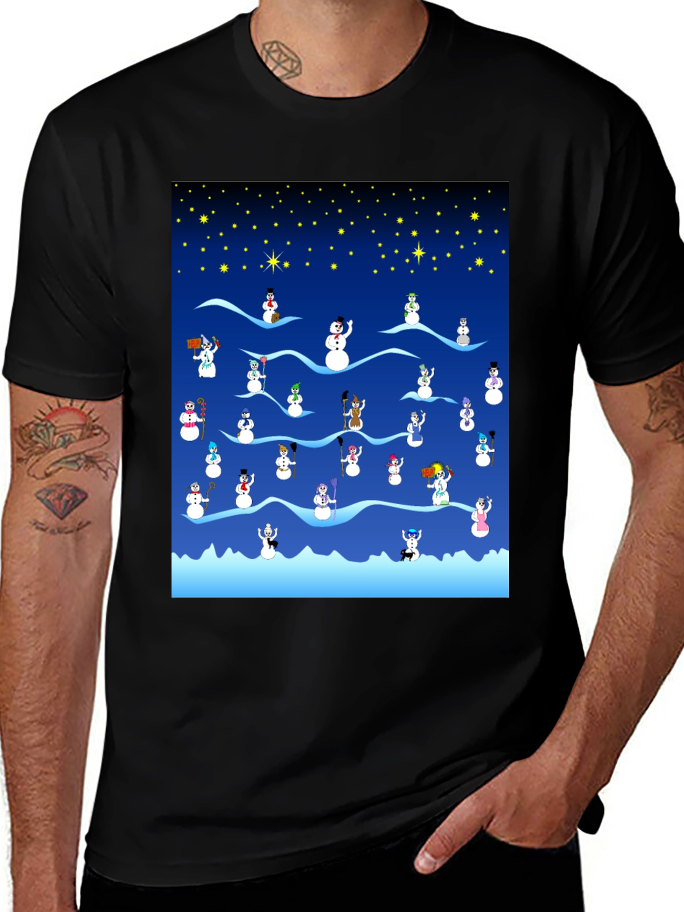 Snowman Scene Black T-Shirt