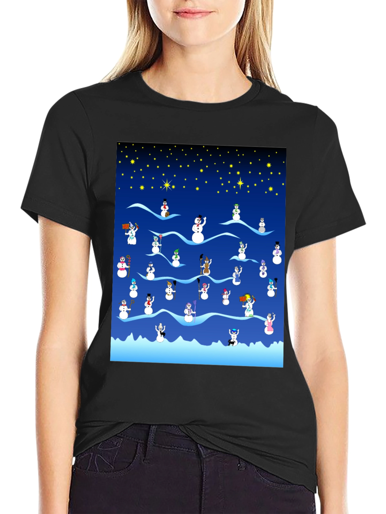 Snowman Scene Black T-Shirt