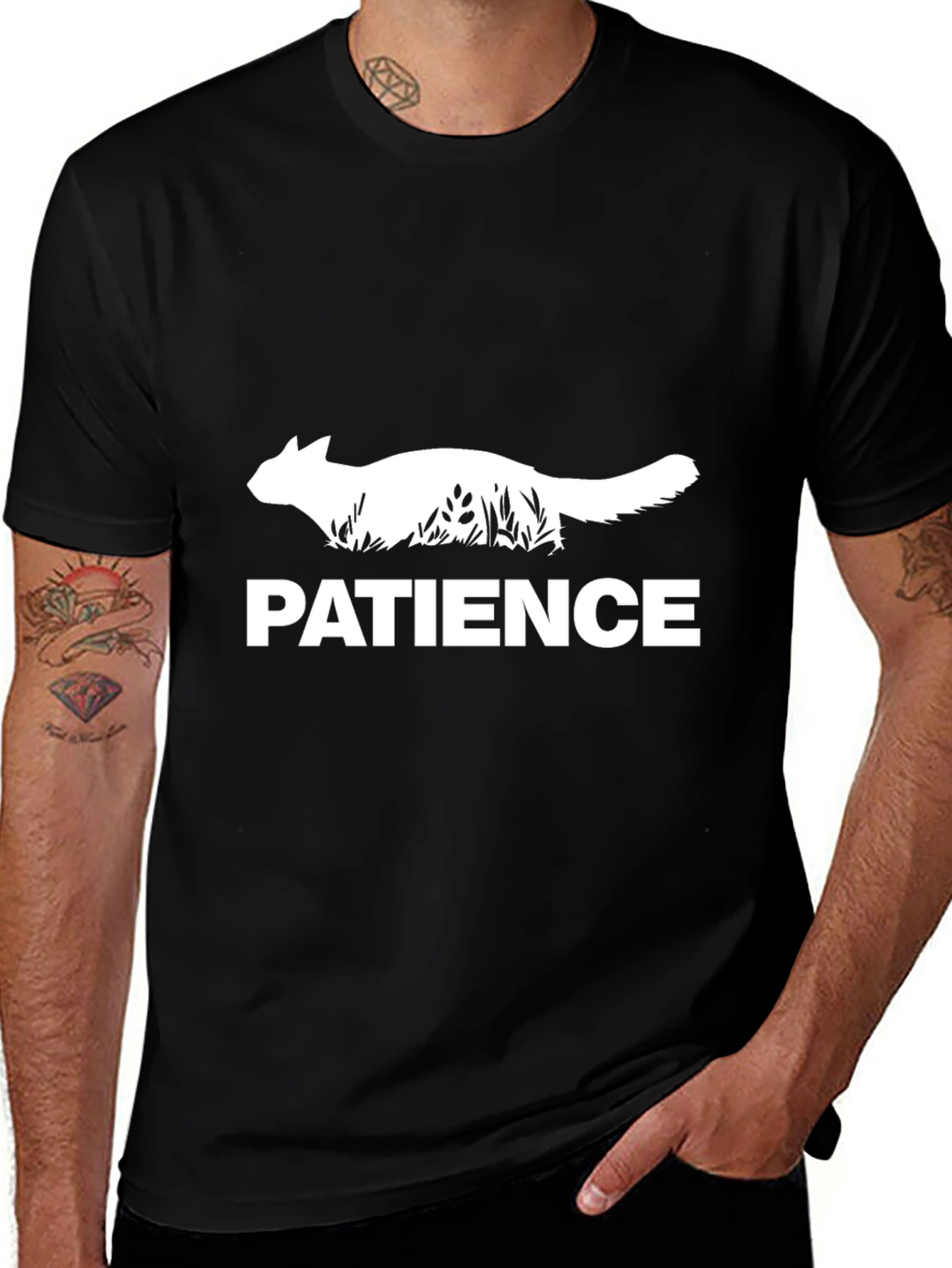 Patience Cat Graphic Tee - Soft Black Cotton