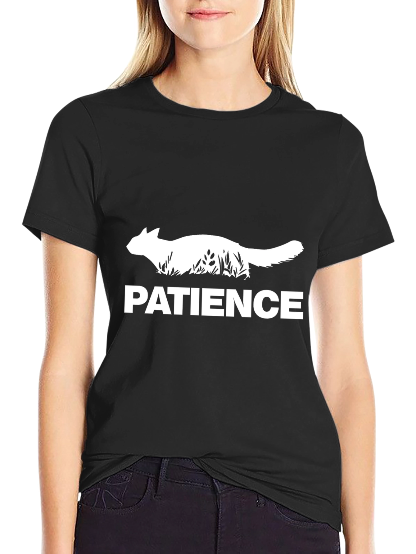 Patience Cat Graphic Tee - Soft Black Cotton