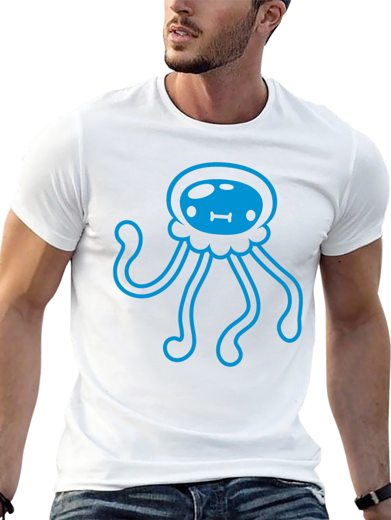Blue Jellyfish Graphic Print Black T-Shirt