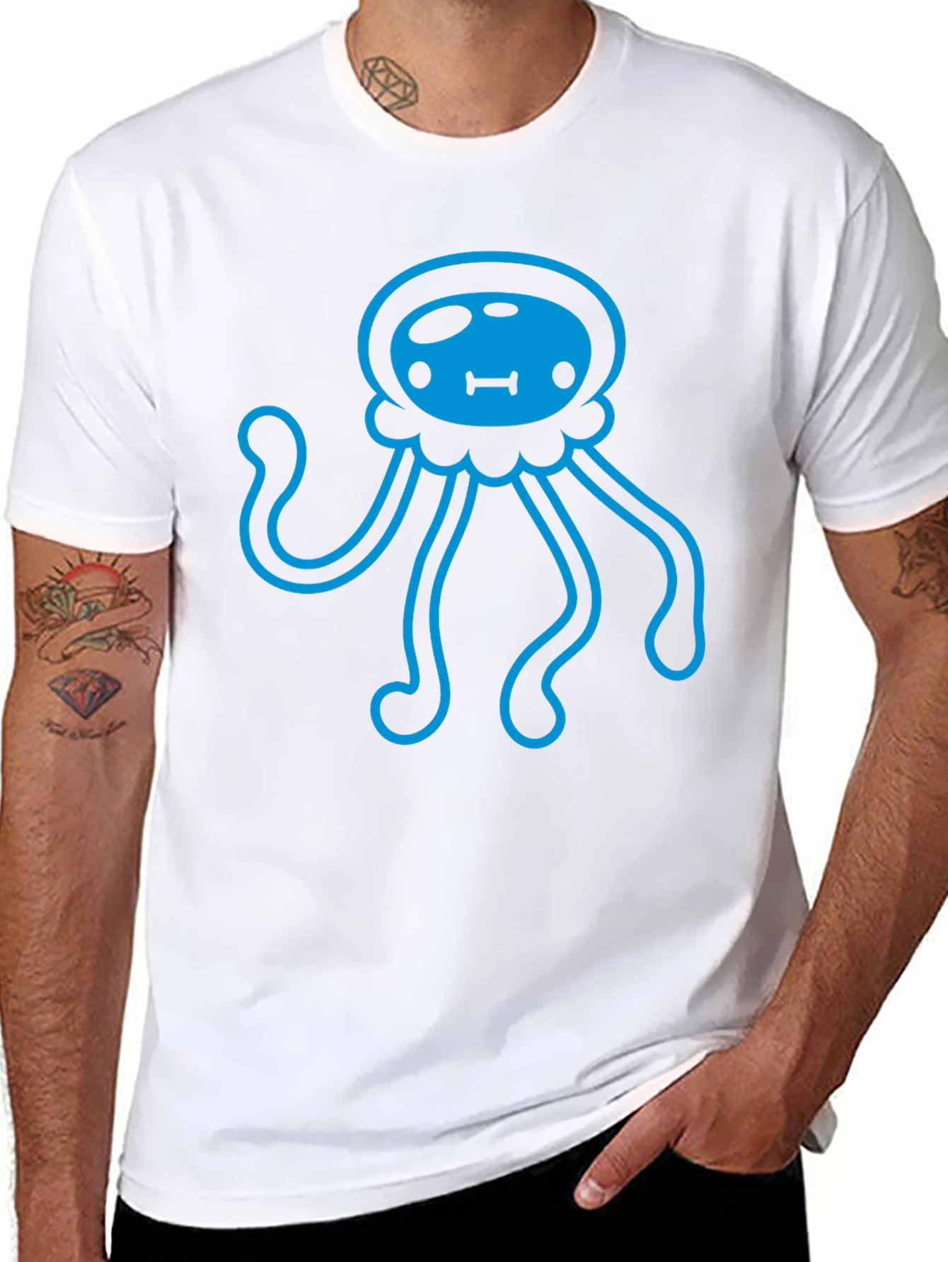 Blue Jellyfish Graphic Print Black T-Shirt