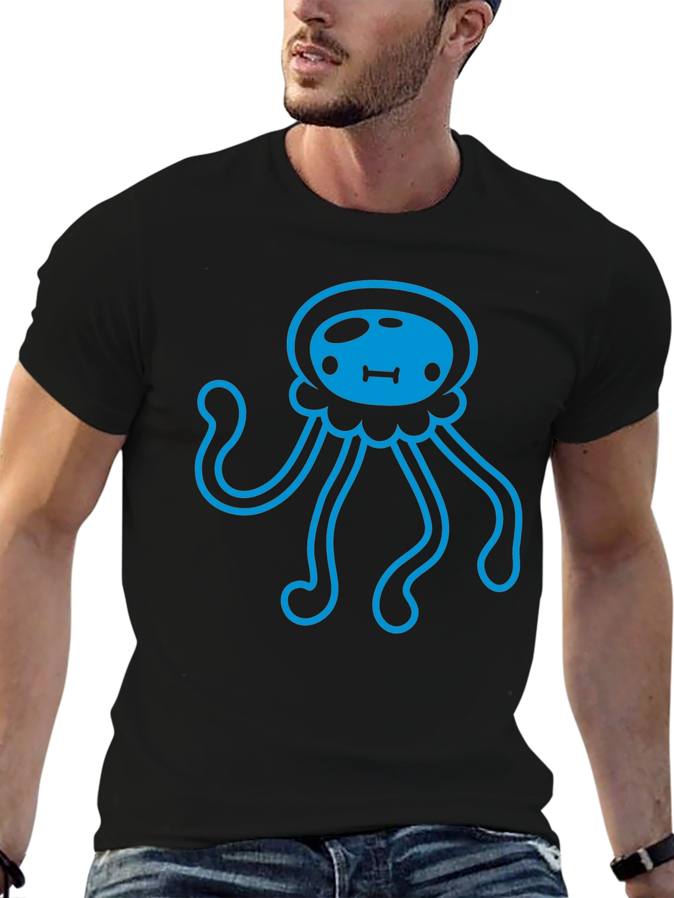Blue Jellyfish Graphic Print Black T-Shirt