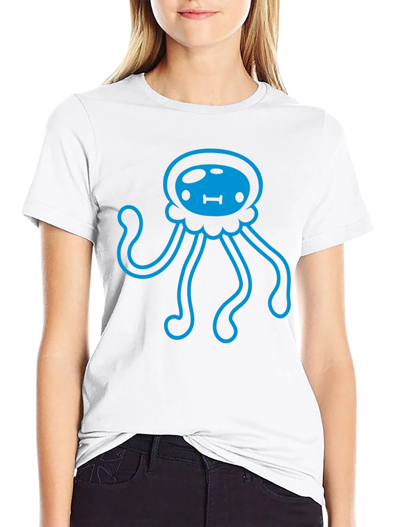 Blue Jellyfish Graphic Print Black T-Shirt