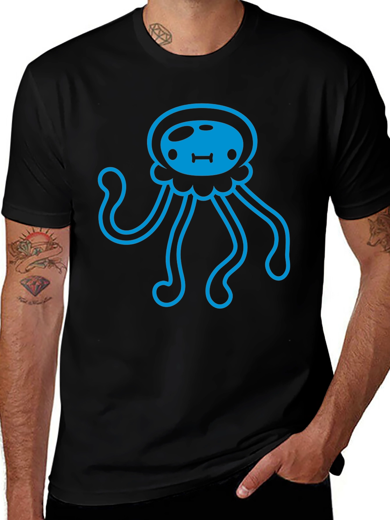Blue Jellyfish Graphic Print Black T-Shirt