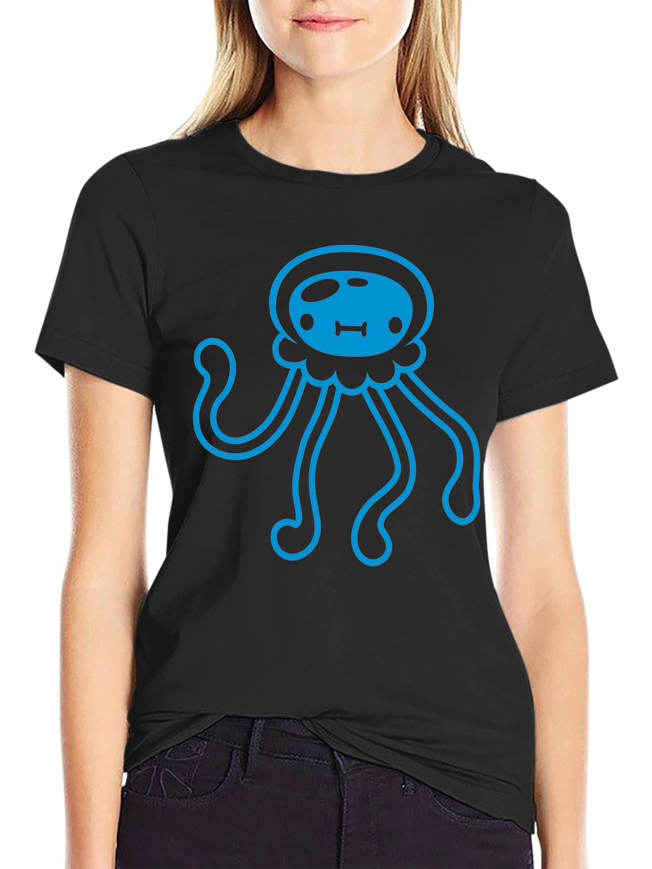 Blue Jellyfish Graphic Print Black T-Shirt