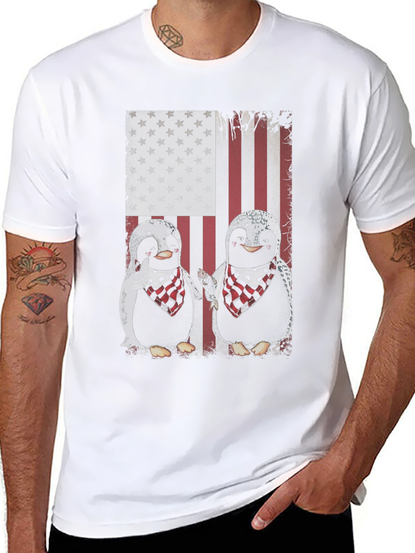 Patriotic Penguin American Flag Graphic T-Shirt