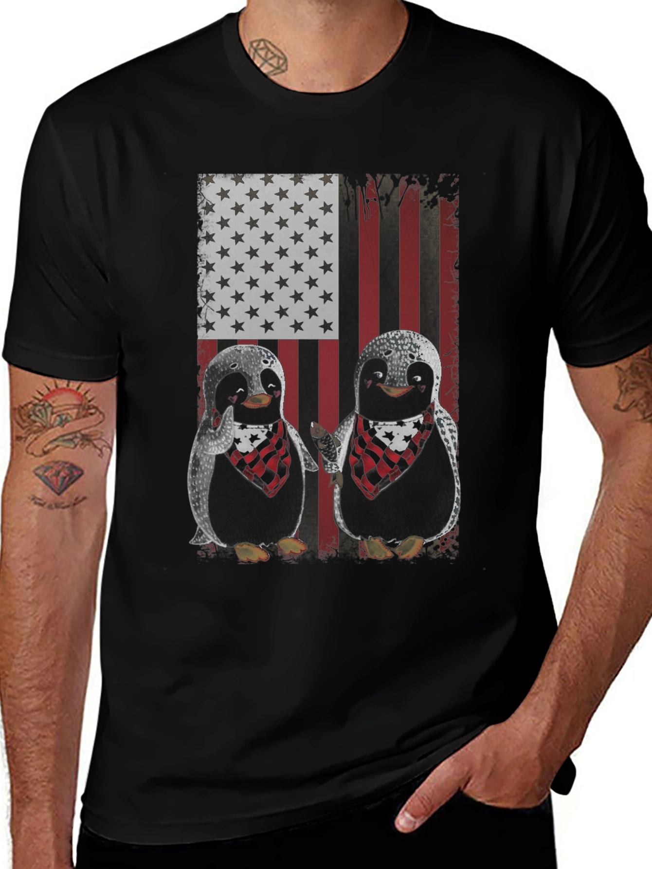 Patriotic Penguin American Flag Graphic T-Shirt