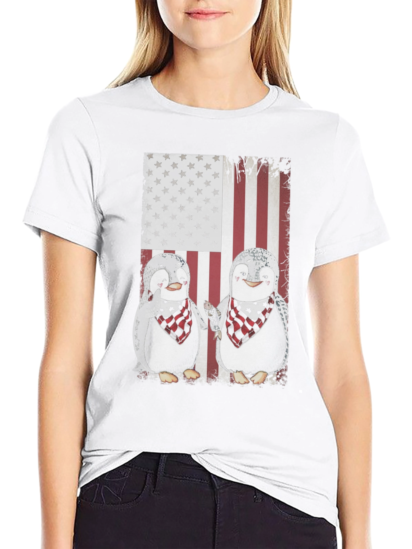 Patriotic Penguin American Flag Graphic T-Shirt