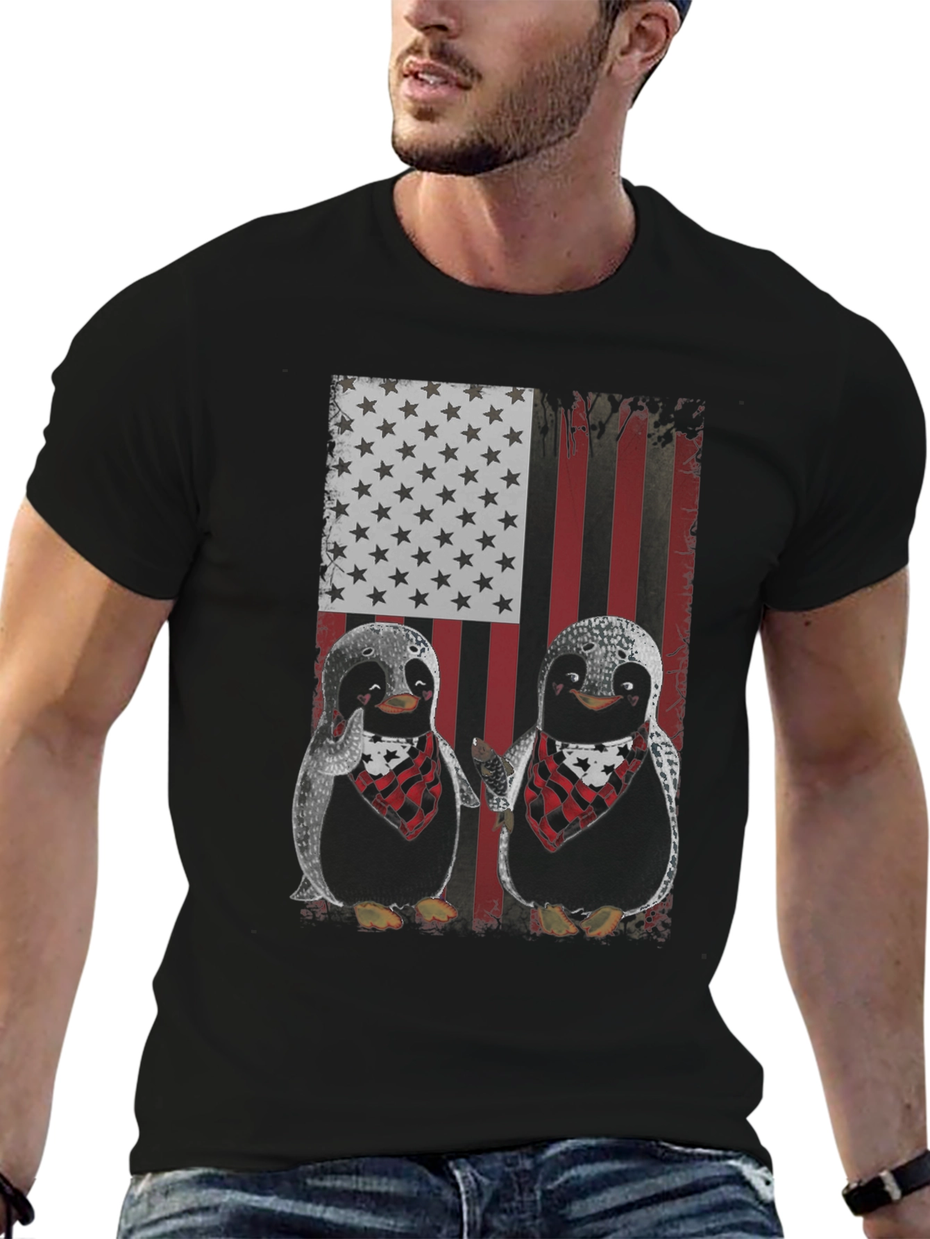 Patriotic Penguin American Flag Graphic T-Shirt