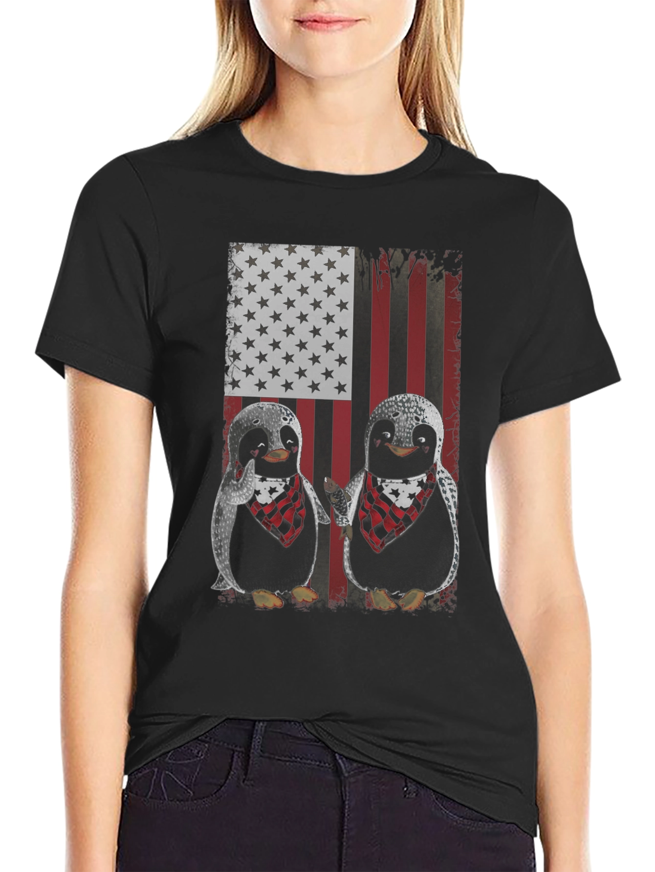 Patriotic Penguin American Flag Graphic T-Shirt