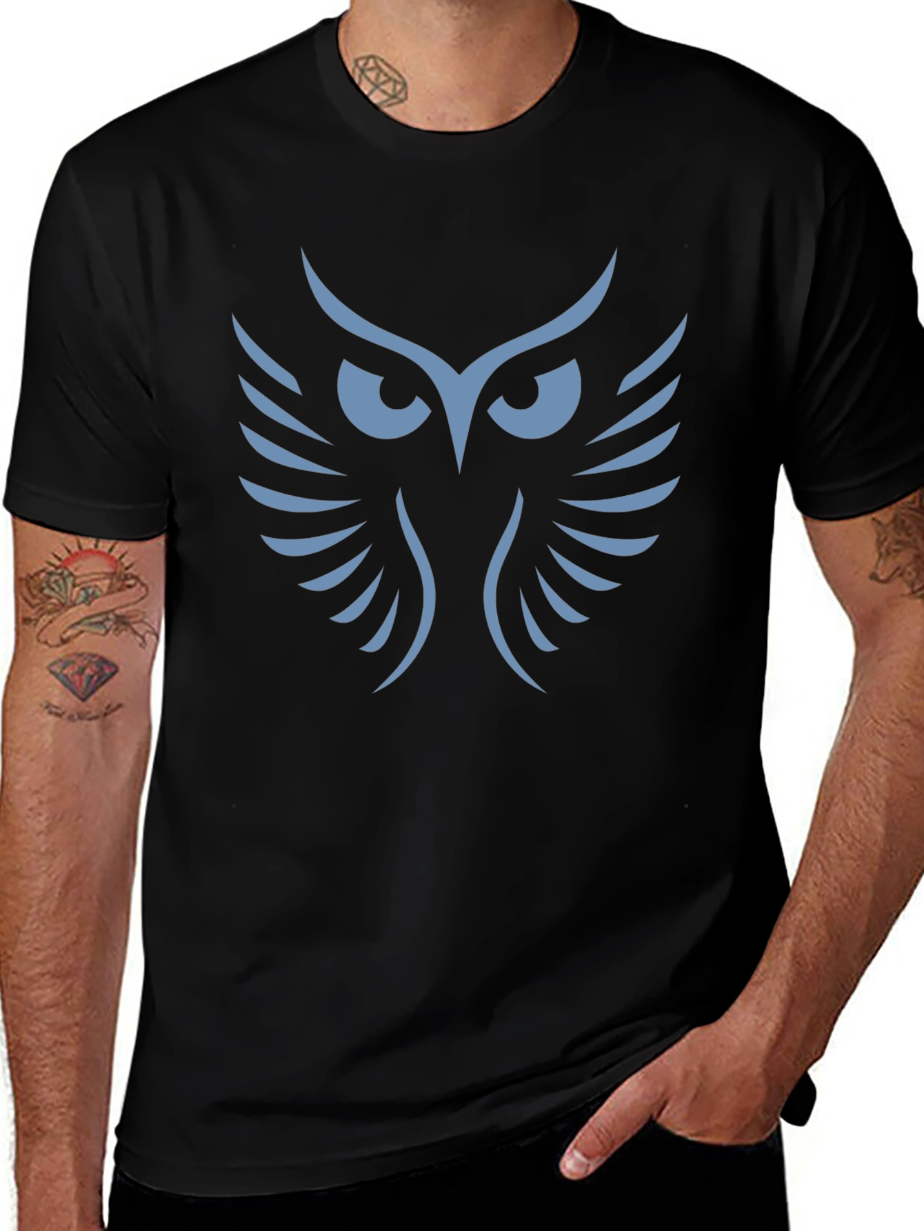 Mens Black T-Shirt with Owl Graphic
