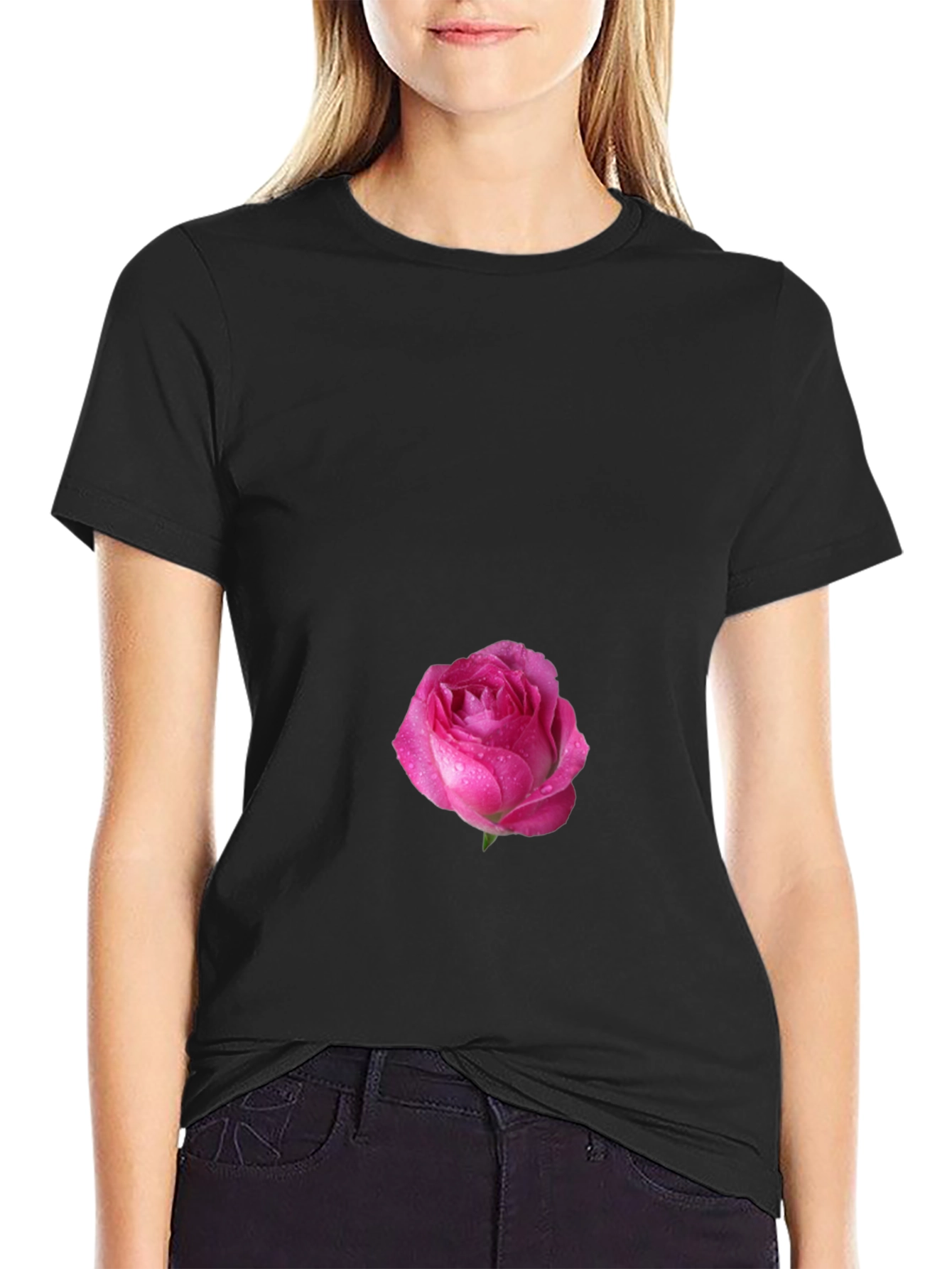 Black T-Shirt with Pink Rose Design