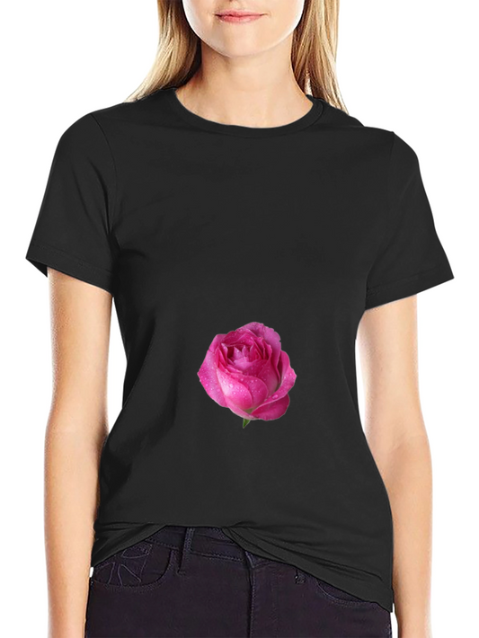 Black T-Shirt with Pink Rose Design