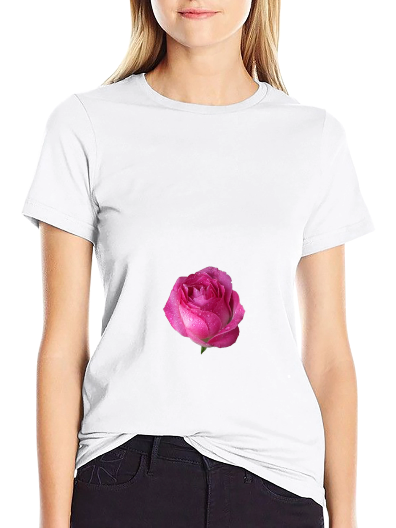 Black T-Shirt with Pink Rose Design