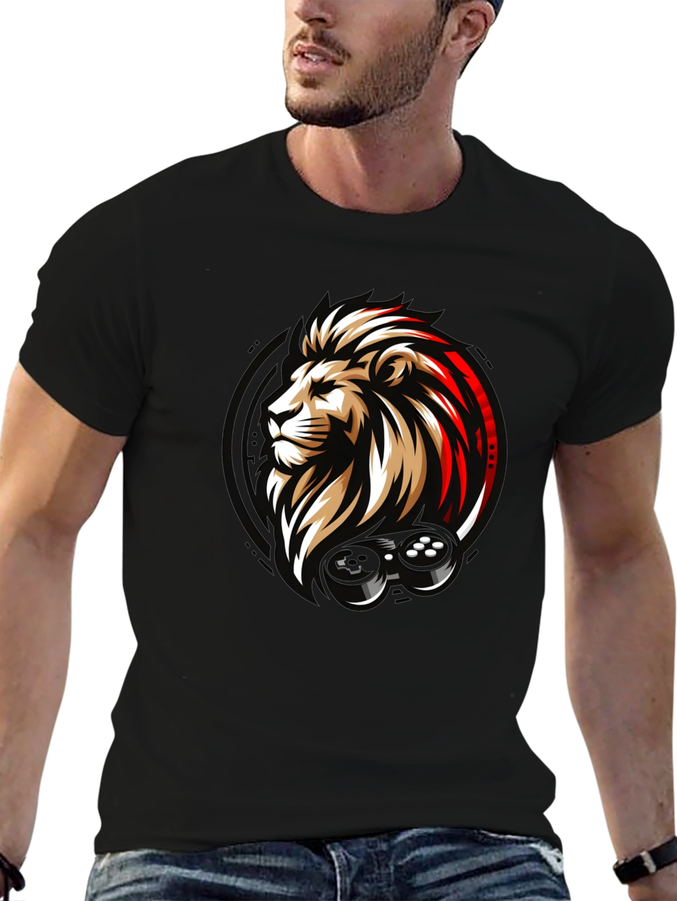 Lion Gamer Black Graphic T-Shirt