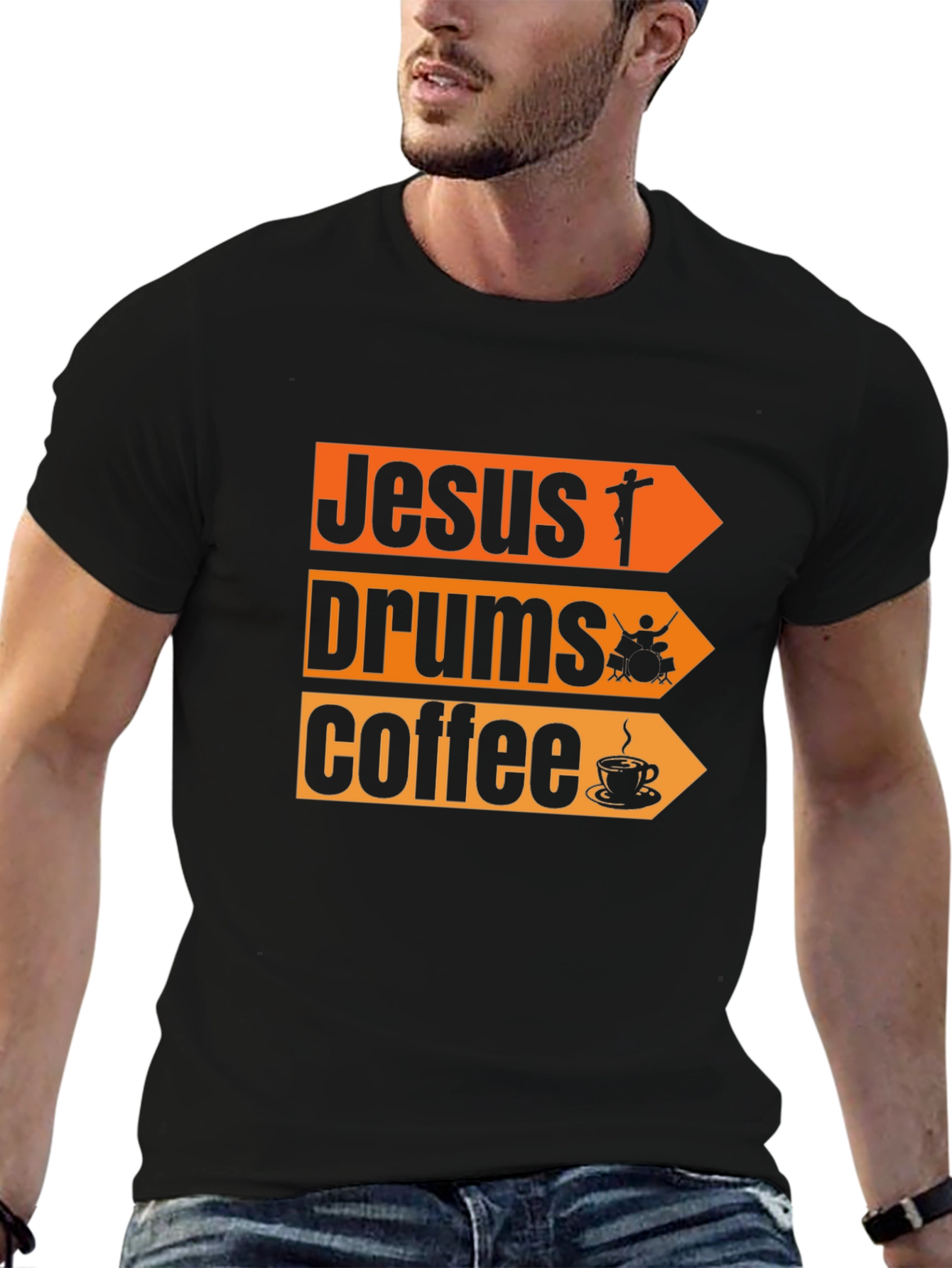 Jesus Drums Coffee Graphic T-Shirt - Black