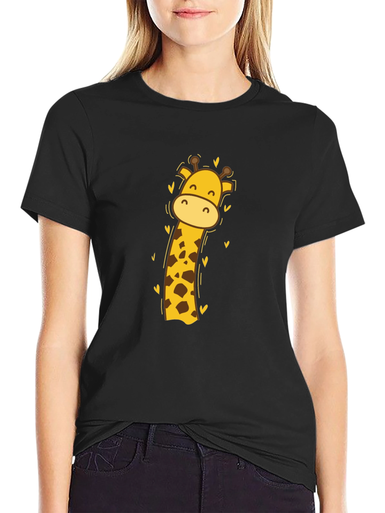 Cute Giraffe Graphic Tee - Black Cotton Blend