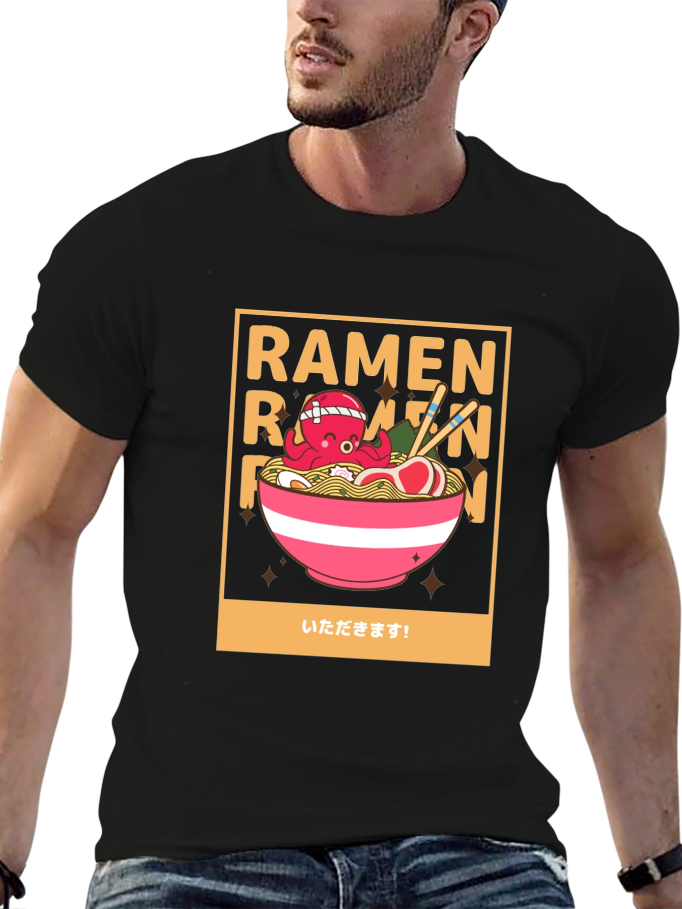 Ramen Octopus Graphic Tee - Unisex Black Cotton T-Shirt
