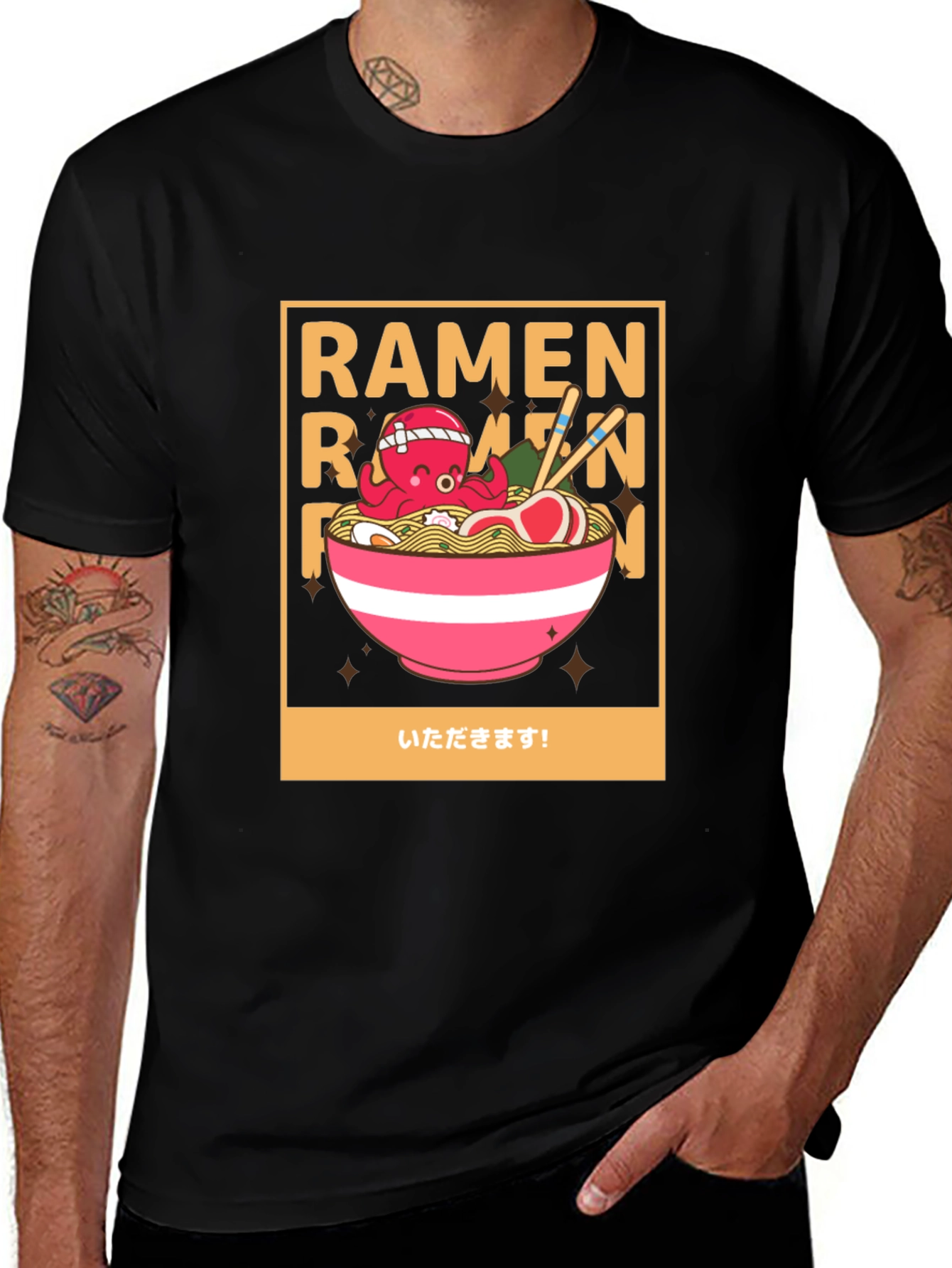 Ramen Octopus Graphic Tee - Unisex Black Cotton T-Shirt