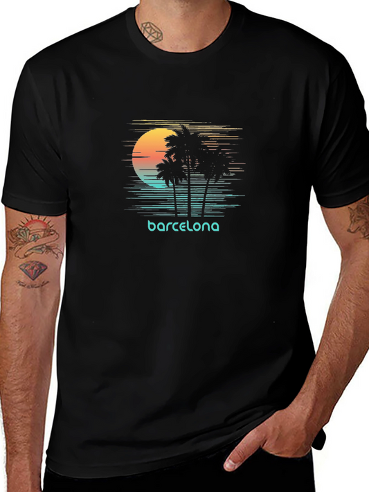 Barcelona Sunset Palm Tree Graphic Tee - Stylish Black T-Shirt