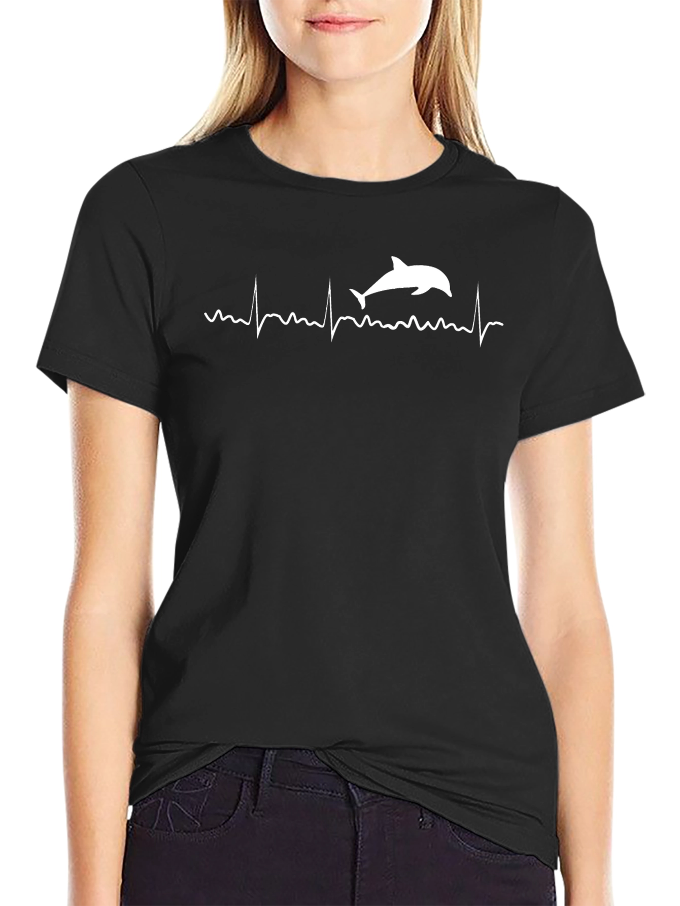Dolphin Heartbeat Graphic Tee - Black Cotton T-Shirt