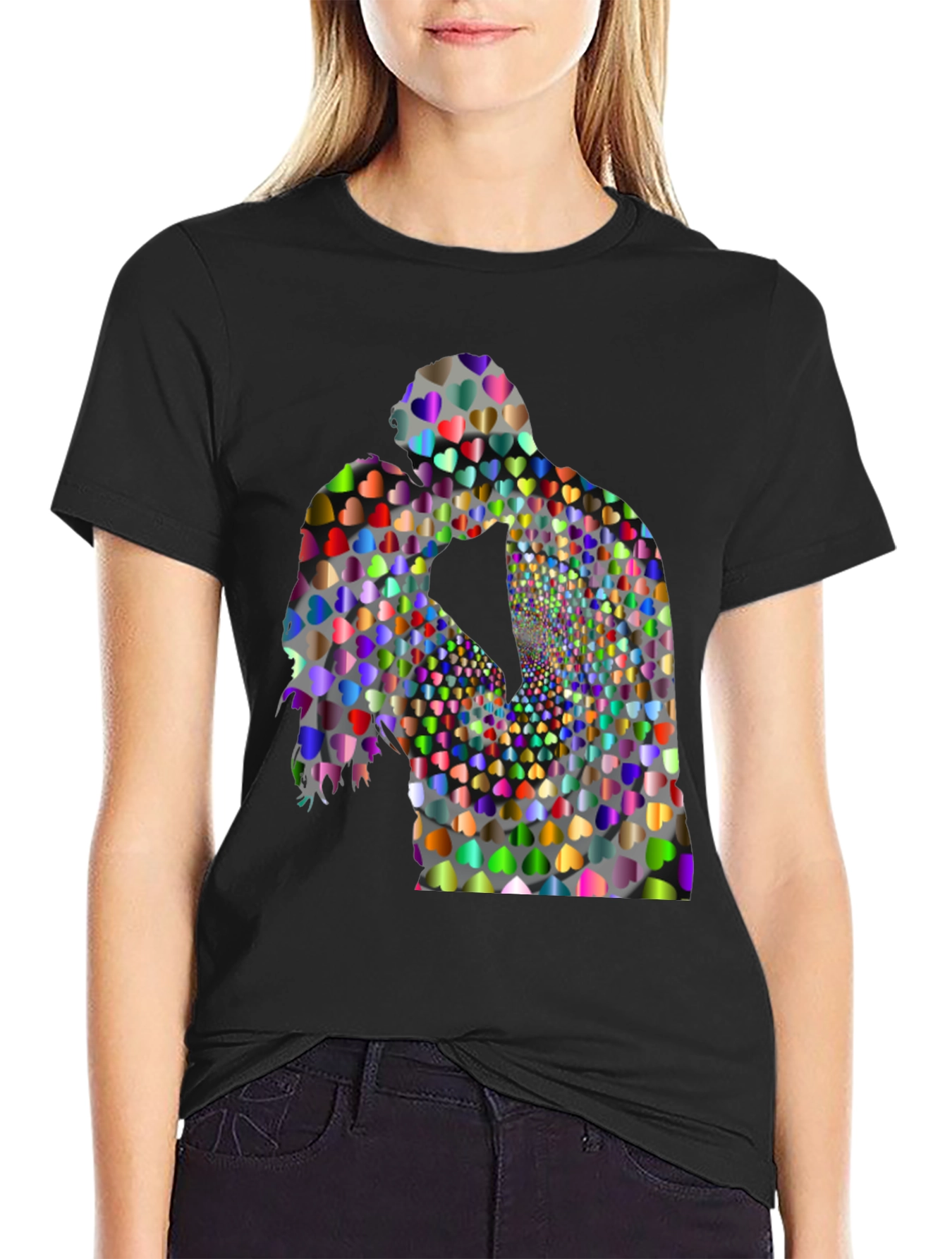 Heart Silhouette Kissing Couple Black T-Shirt
