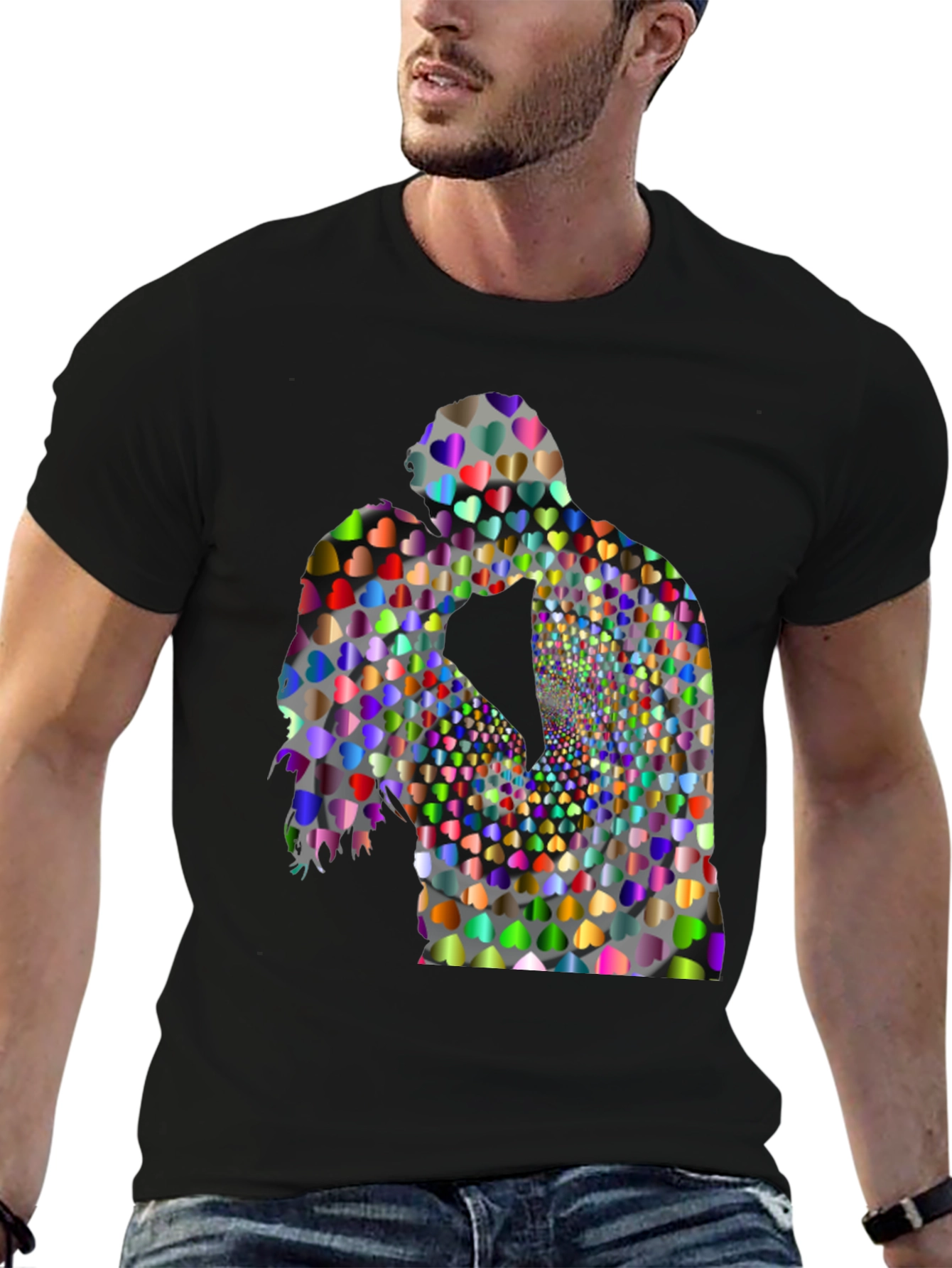 Heart Silhouette Kissing Couple Black T-Shirt