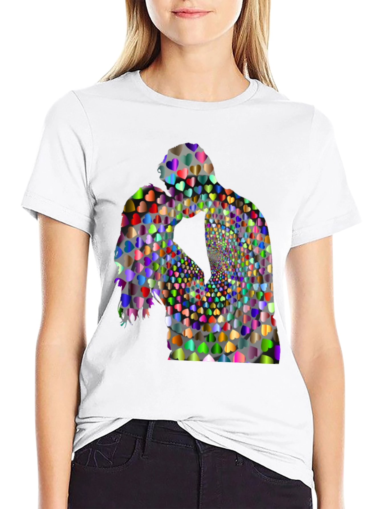 Heart Silhouette Kissing Couple Black T-Shirt