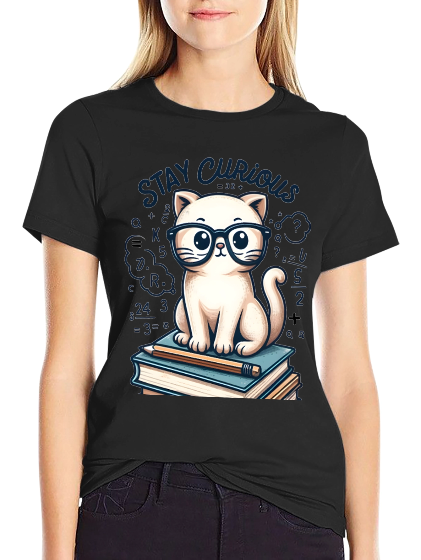 Stay Curious Cat Graphic Tee - Black