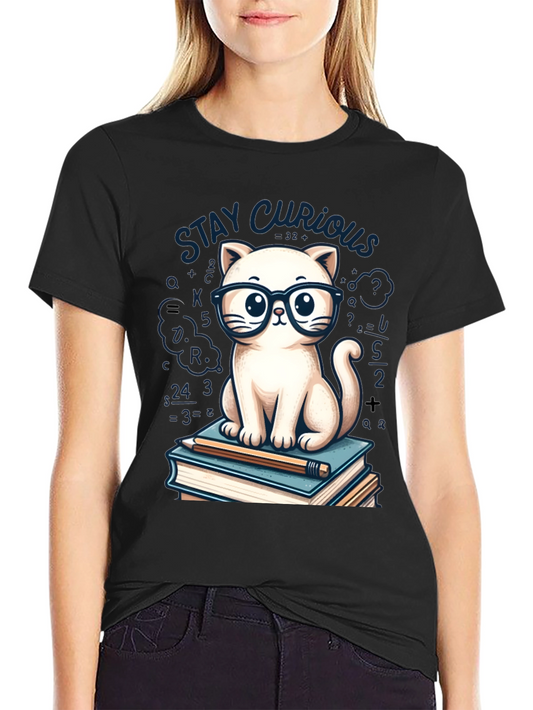 Stay Curious Cat Graphic Tee - Black