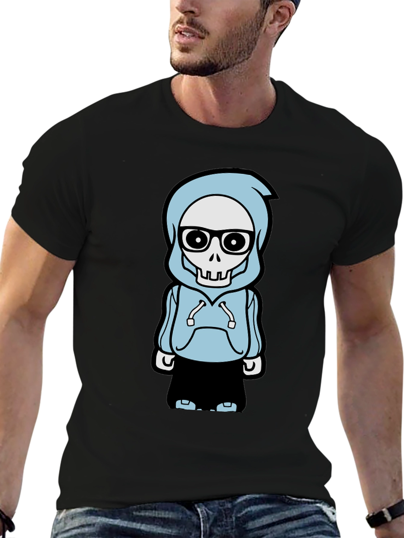 Trendy Skeleton Hoodie Graphic Tee - Black T-Shirt