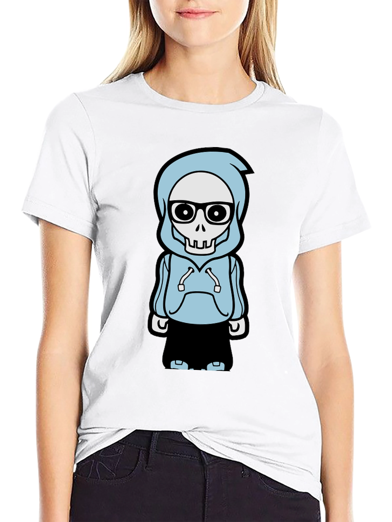 Trendy Skeleton Hoodie Graphic Tee - Black T-Shirt