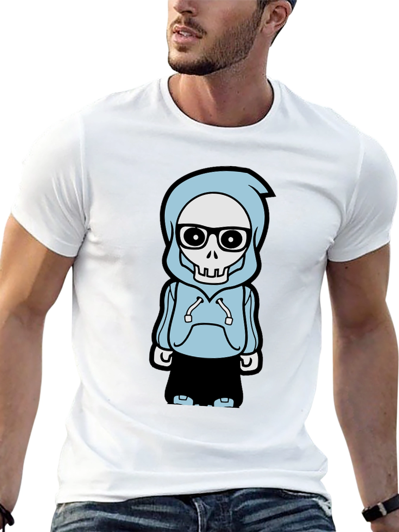 Trendy Skeleton Hoodie Graphic Tee - Black T-Shirt