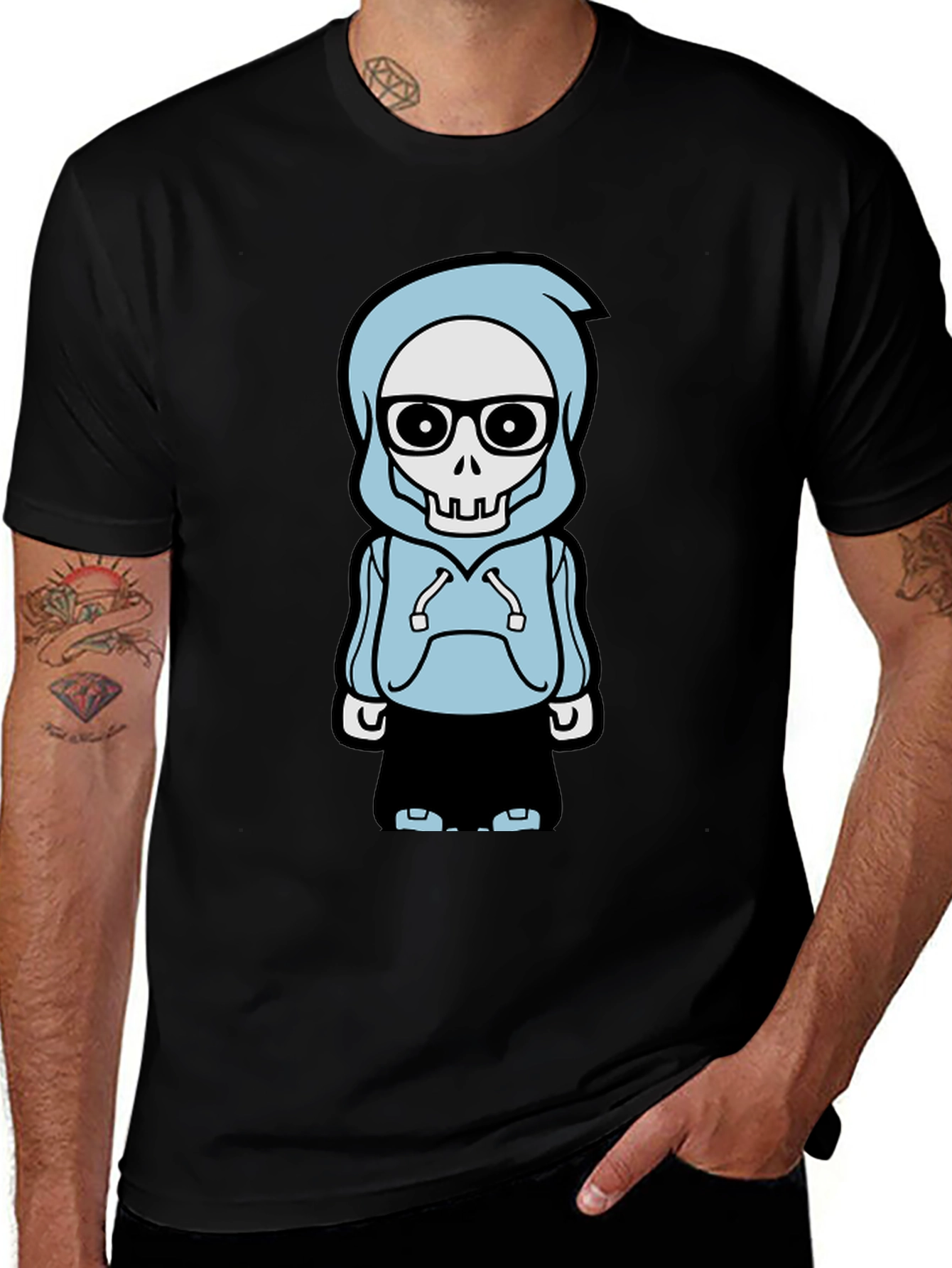 Trendy Skeleton Hoodie Graphic Tee - Black T-Shirt