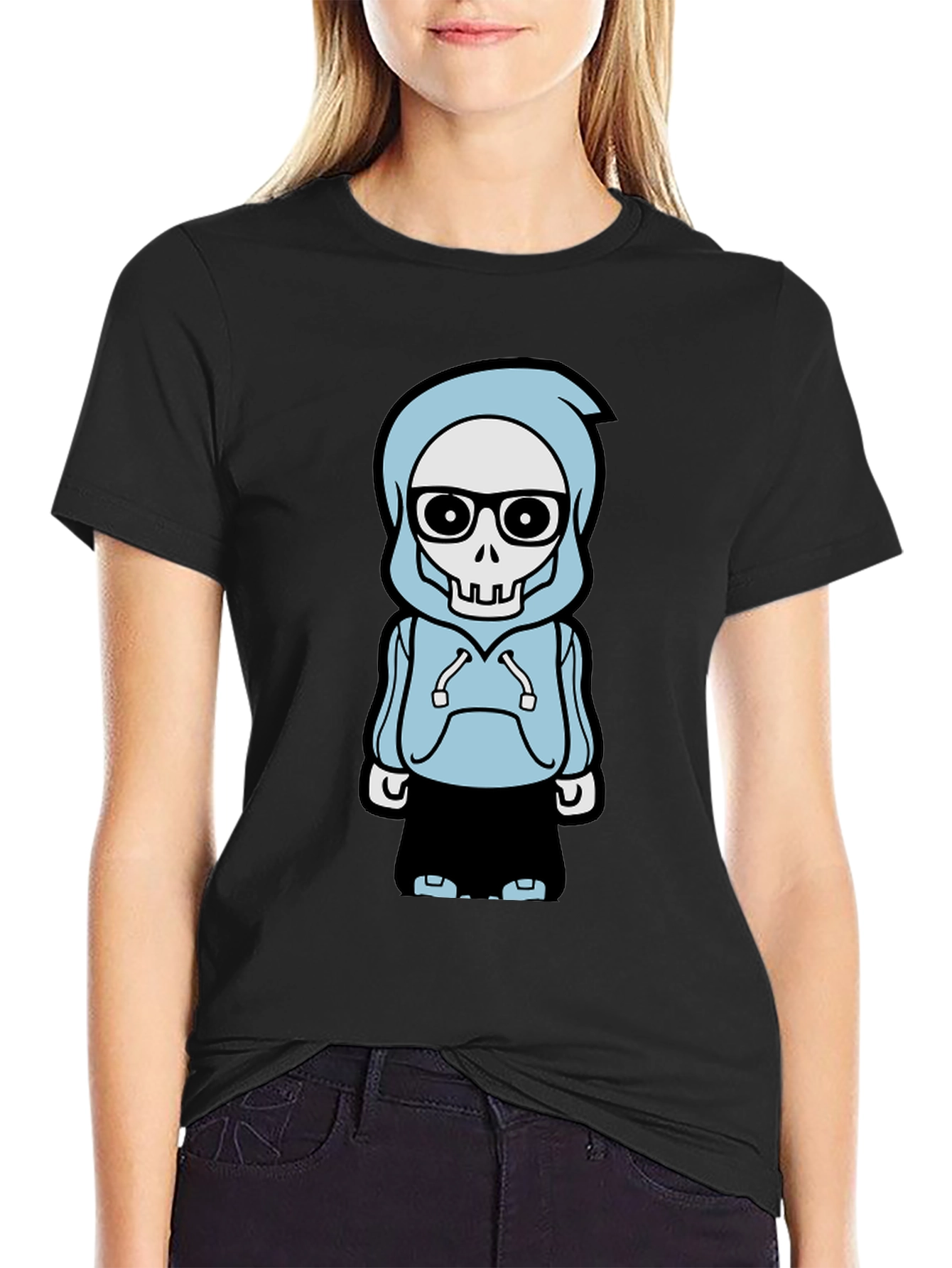 Trendy Skeleton Hoodie Graphic Tee - Black T-Shirt
