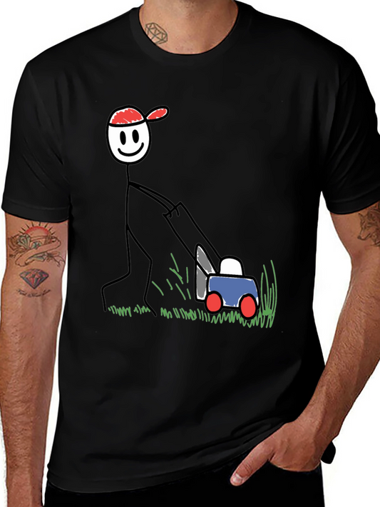 Stick Figure Lawn Mowing T-Shirt - Fun Design